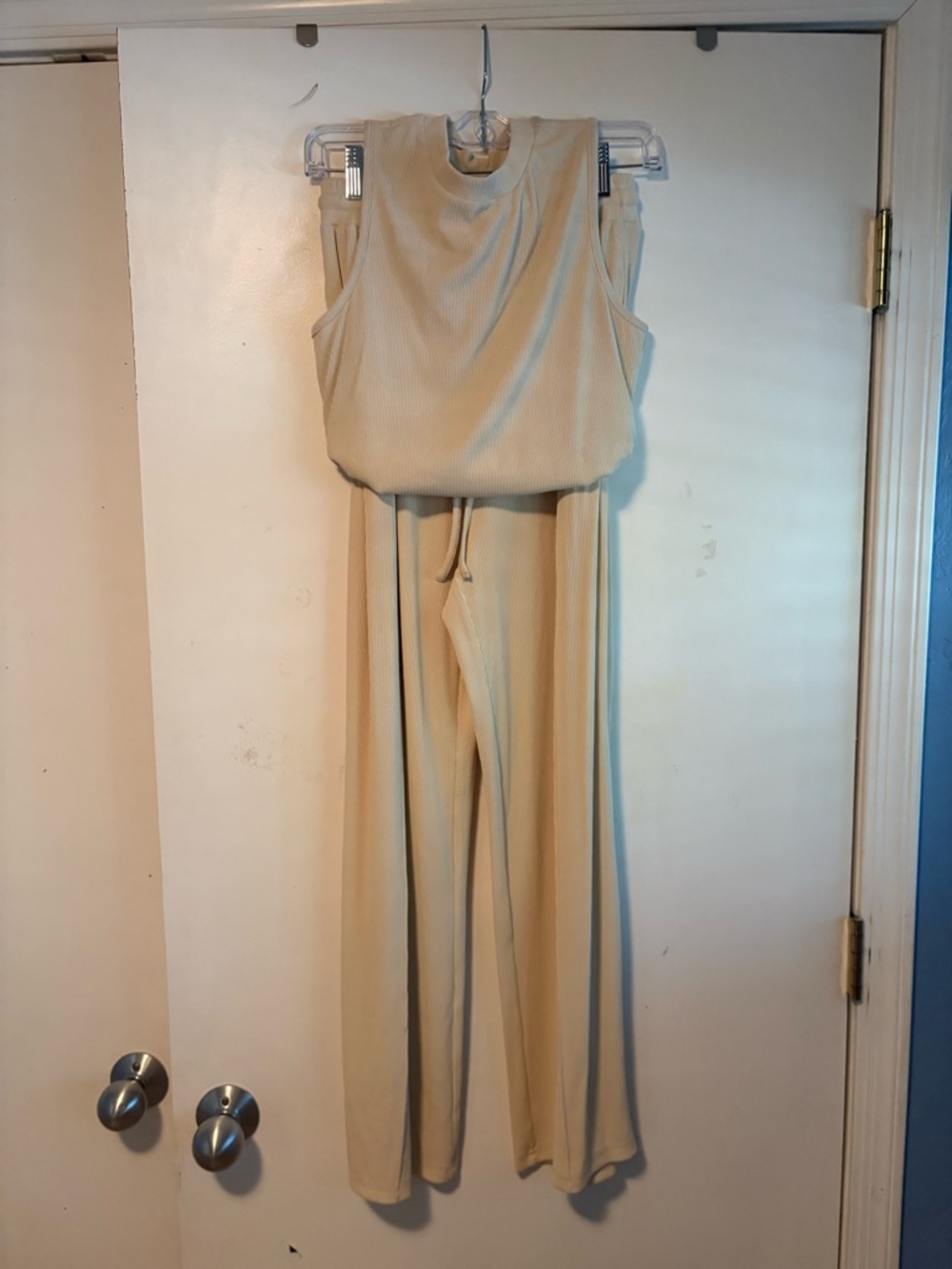 Sleeveless Ribbed Wide-Leg 2 Piece set in Cream